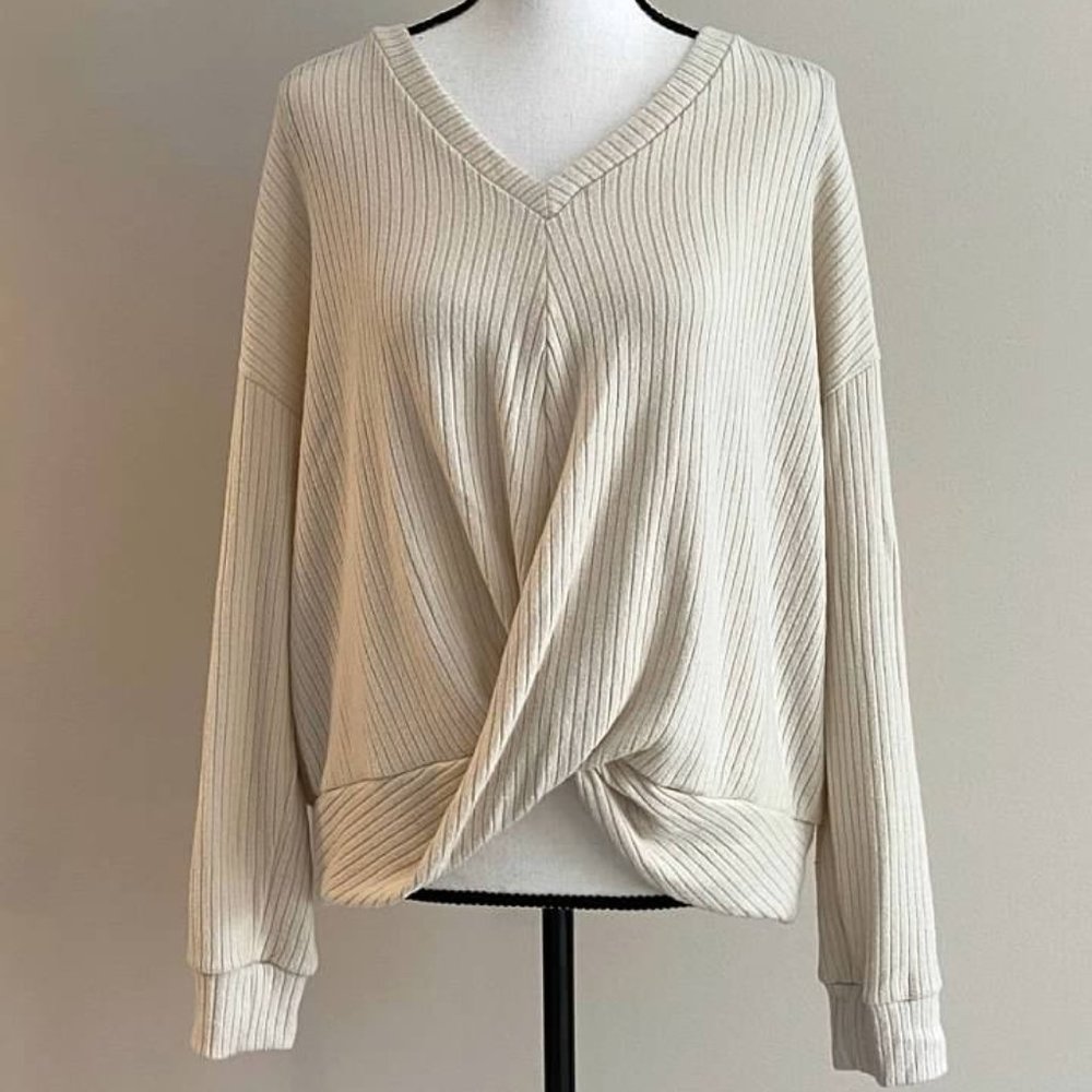 Cozy Twist Light Beige Twist-Front V-Neck Sweater